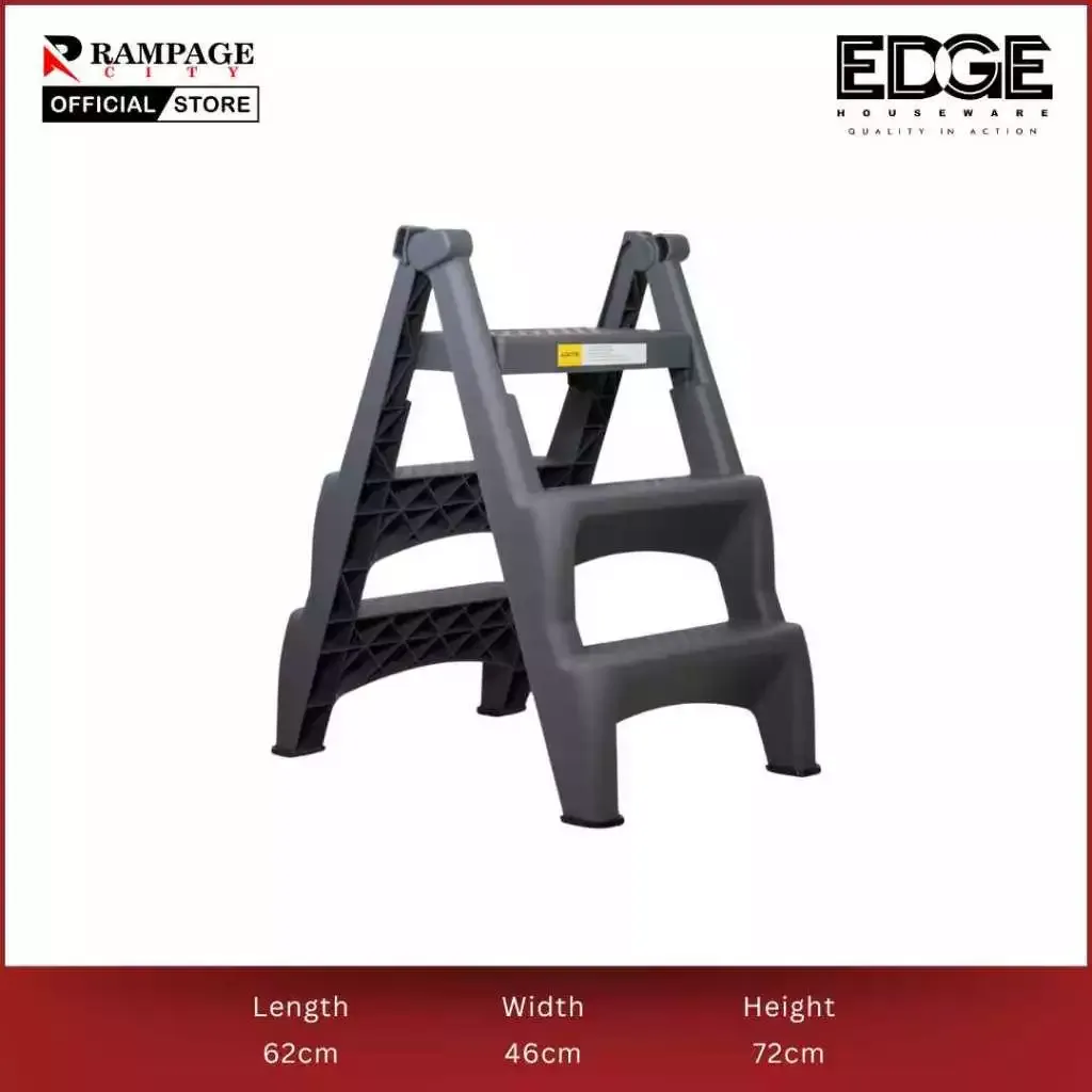Three-step plastic folding ladder stool with wide non-slip steps, unfolded