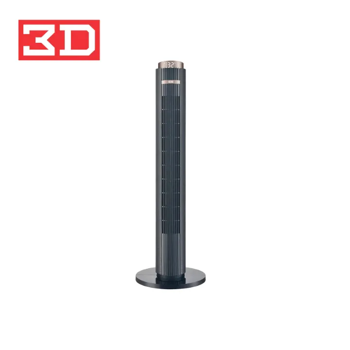 3D Diamond TF-3807TR-DC dark grey inverter tower fan with digital top display on a round base, front view