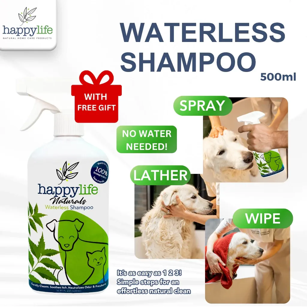 Happy Life 500ml Waterless Shampoo for Dogs and Cats: No-Rinse, Soothes Itch, Anti-Odor