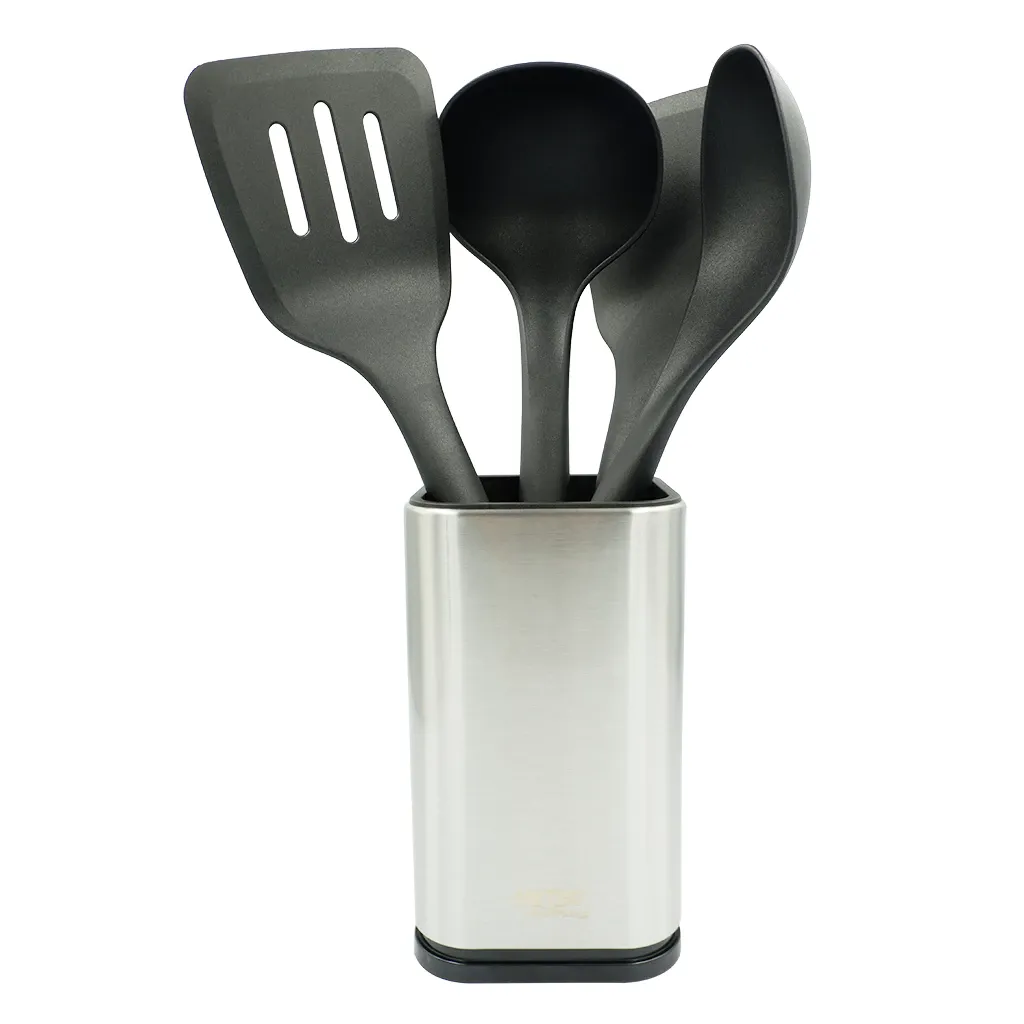 Primera by Metro MPKT 1797 black nylon kitchen tool set standing in a brushed stainless steel holder