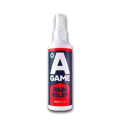 A Game Pain Relief Magnesium Spray 100mL bottle in black and red with a spray nozzle, front view