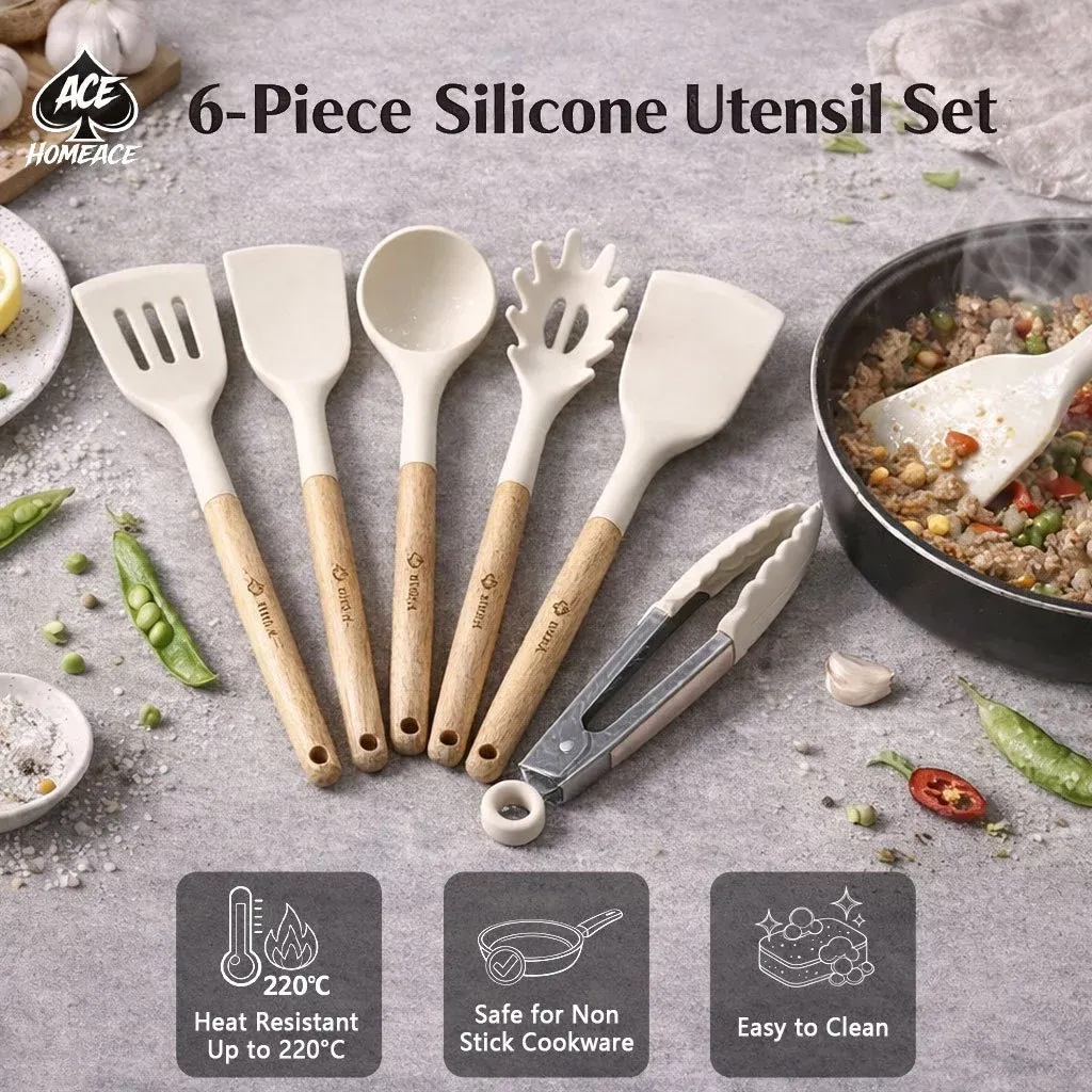 ACE HOMEACE six-piece cream silicone kitchen utensil set with wooden handles and tongs on a grey counter