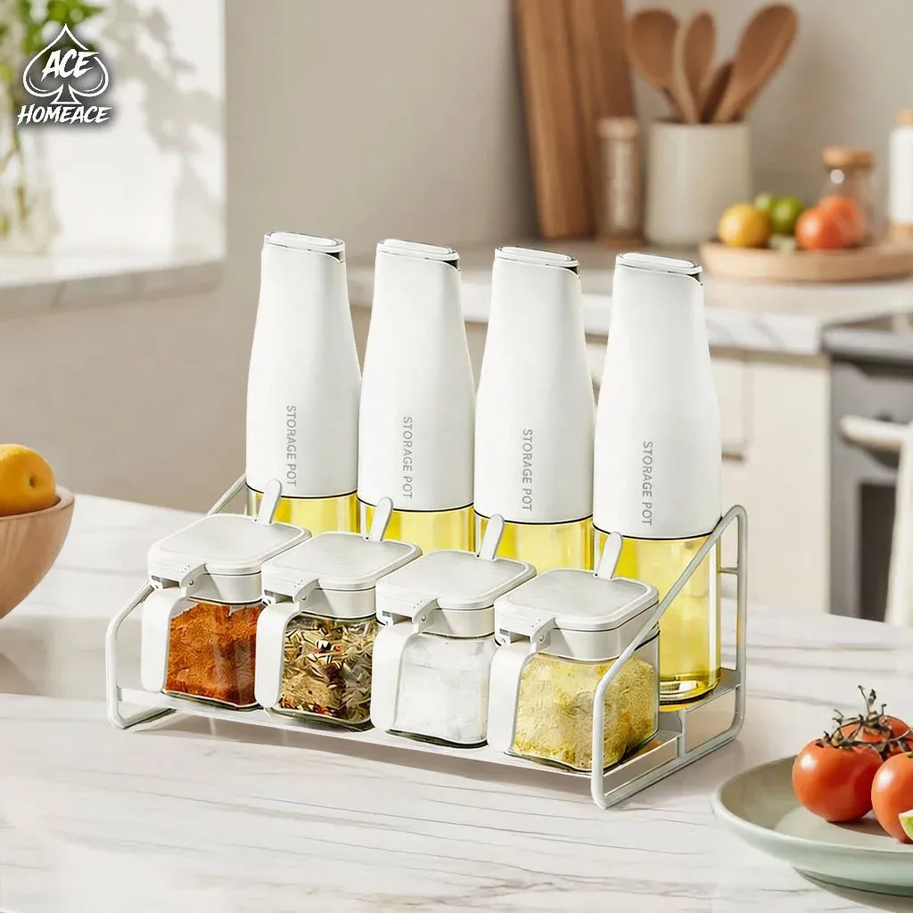 ACE HOMEACE 8-piece glass oil dispenser and seasoning jar set, front view