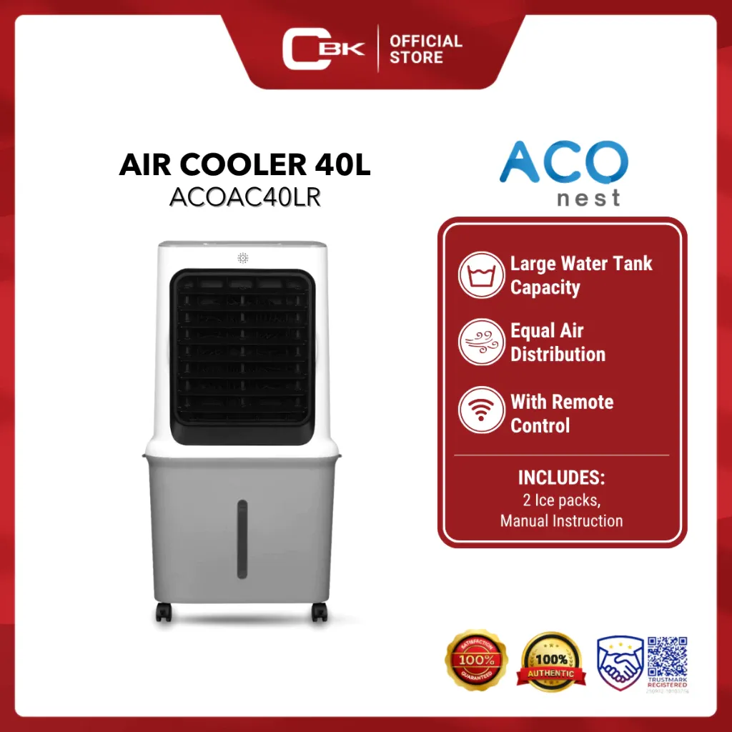ACO Nest ACOAC40LR air cooler, a white unit with a black honeycomb front grille over a large grey 40L water tank on castors