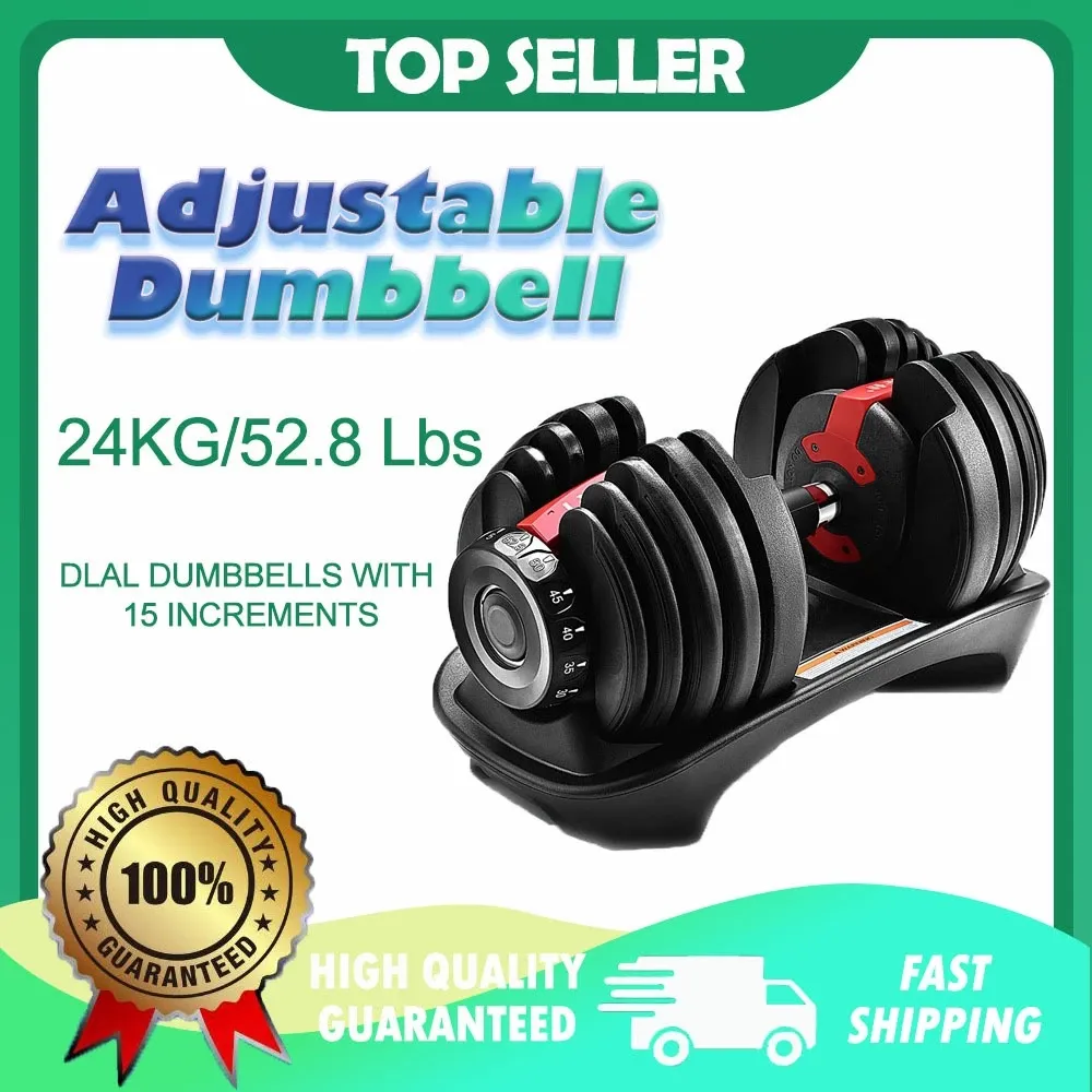 Adjustable 24kg dumbbell with graduated plates and locking collar, per piece