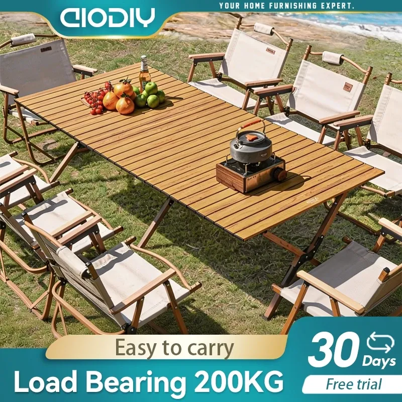 AIODIY portable folding camping table with integrated chair set, opened out