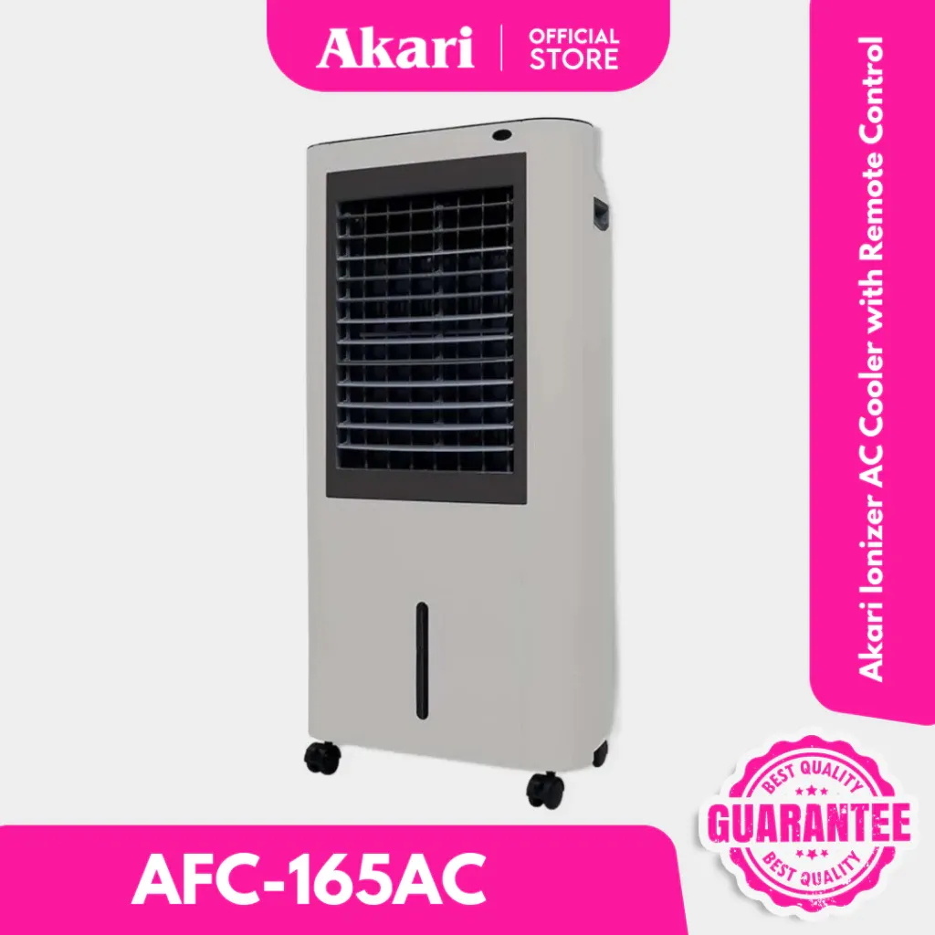 Akari AFC-165AC ionizer air cooler, a grey tower unit with a dark honeycomb front panel, water level strip and castor wheels