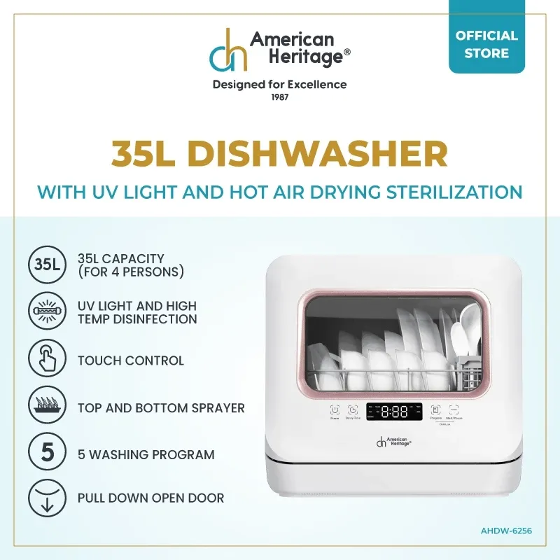 American Heritage AHDW-6256 white 35L tabletop dishwasher with rose-gold trim and pull-down glass door, front view