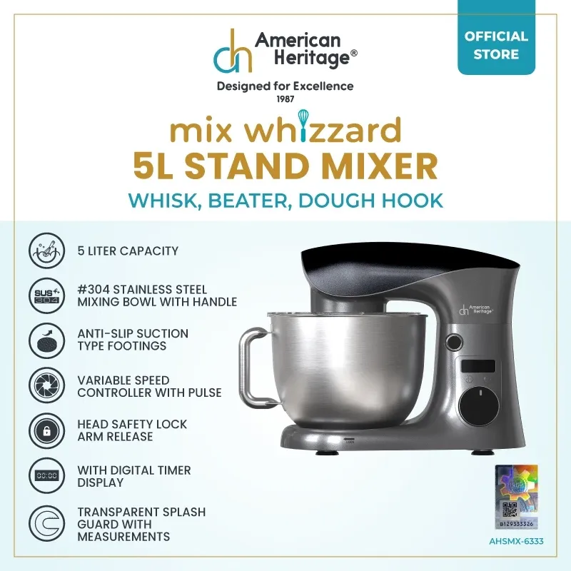 American Heritage Mix Whizzard AHSMX-6333 5L stand mixer with digital timer