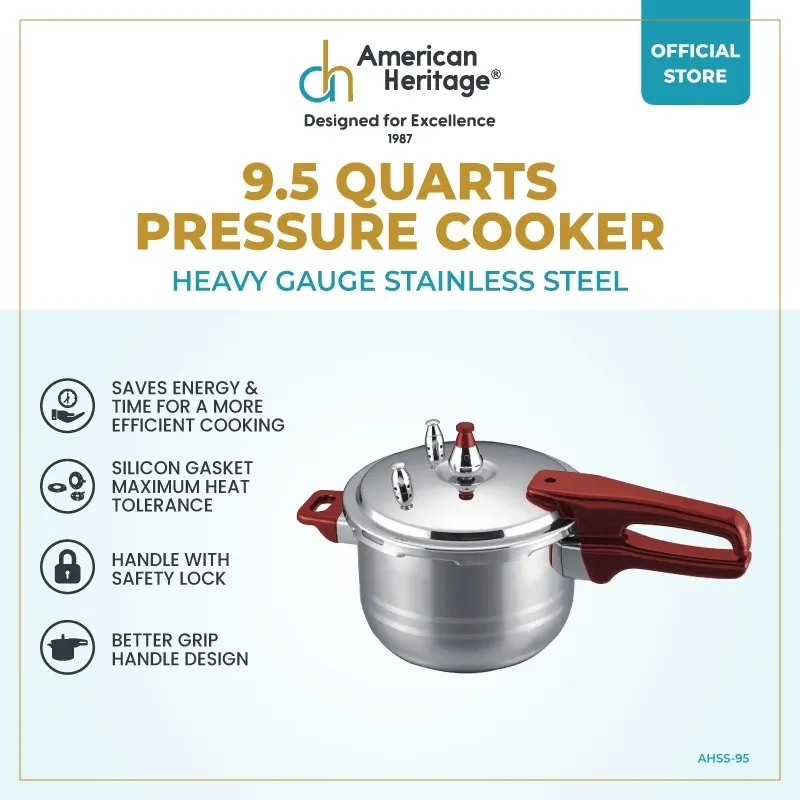 American Heritage AHSS-95 9.5 quart heavy gauge stainless steel pressure cooker with safety lock handle, front view