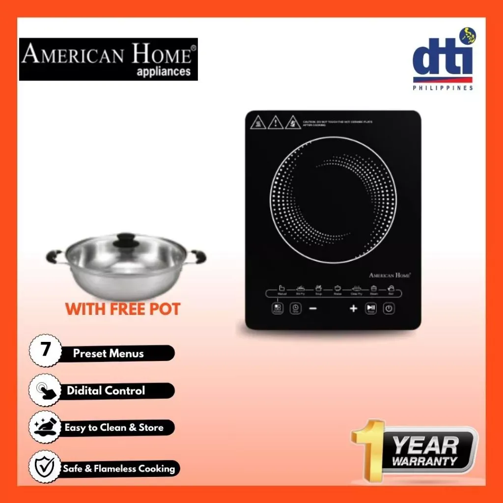 American Home AIC-M24W2000TB black induction cooker with a free pot