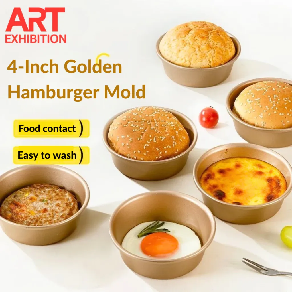 ART EXHIBITION golden non-stick round burger and cheesecake baking mold, angled view