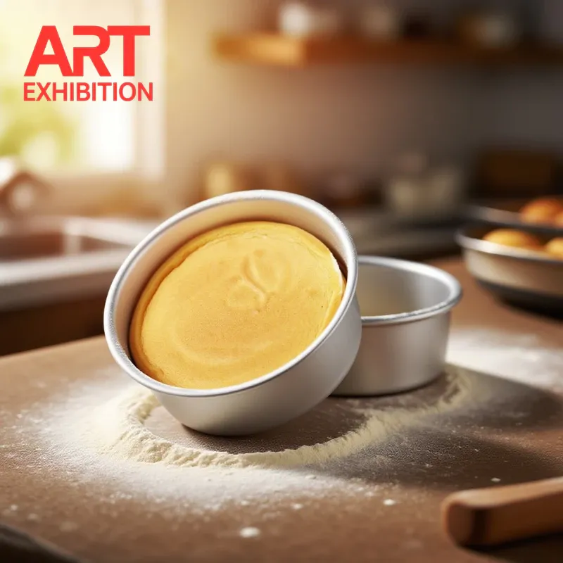 ART EXHIBITION non-stick aluminium alloy round cake pan with removable bottom, holding a baked sponge