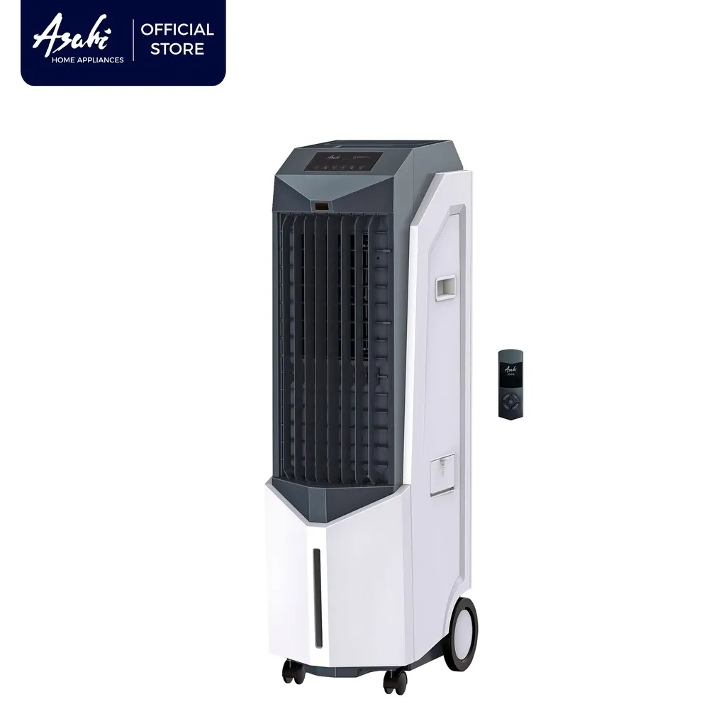 Asahi IC 010 air cooler, a white and grey tower unit with a honeycomb front grille, castor wheels and its remote control
