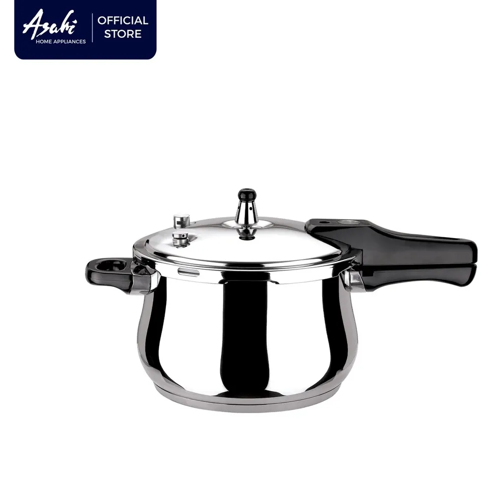 Asahi PR-11 11L stainless steel pressure cooker with Bakelite handles and safety window, front view