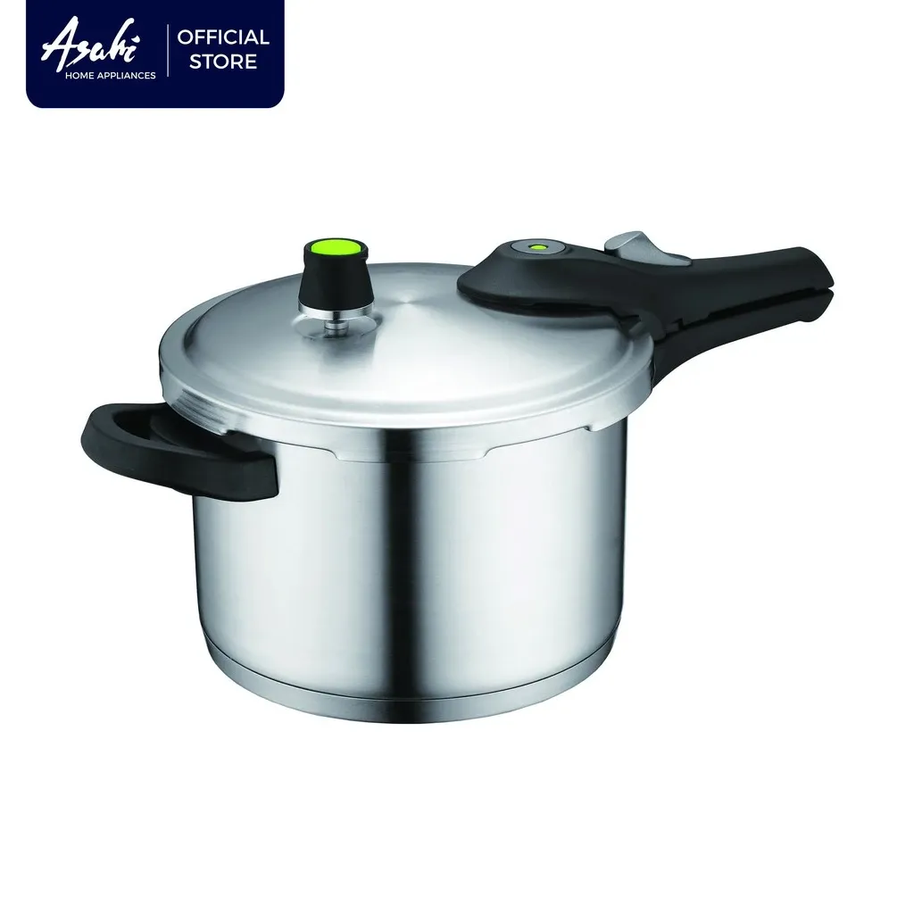Asahi PR-71 7L stainless steel pressure cooker with rubberized grip handle, front view