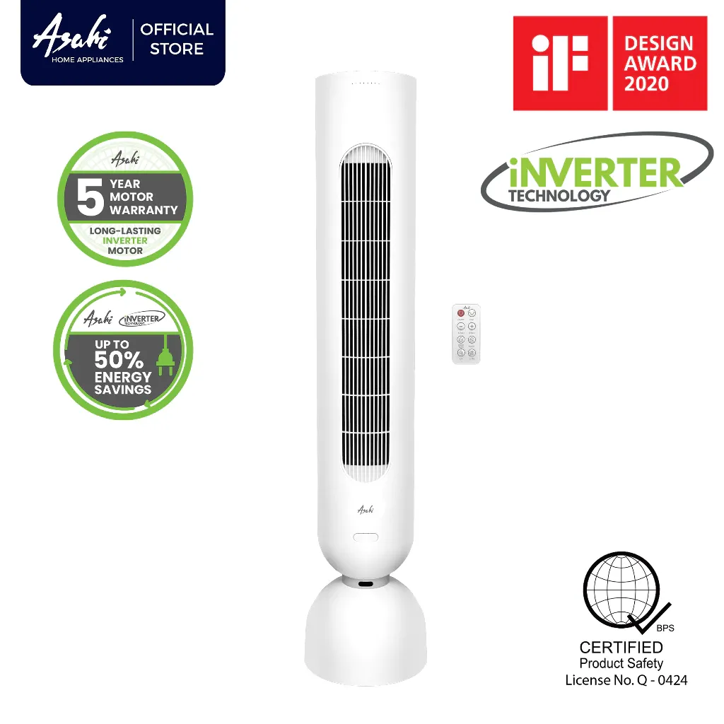 Asahi TF-007 white DC inverter tower fan on a domed base, shown with its remote control