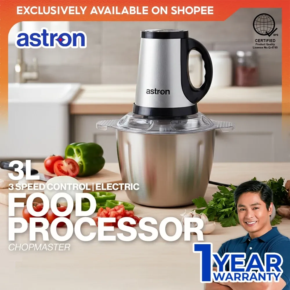 Astron CHOPMASTER 3-speed food processor with stainless steel blade, front view