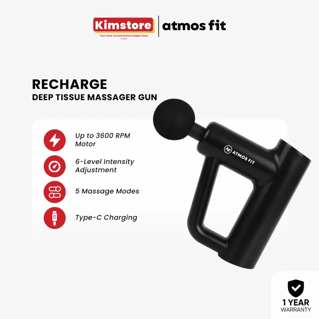 Atmos Fit Physiocare Recharge deep tissue massage gun with four heads, 1 year warranty box
