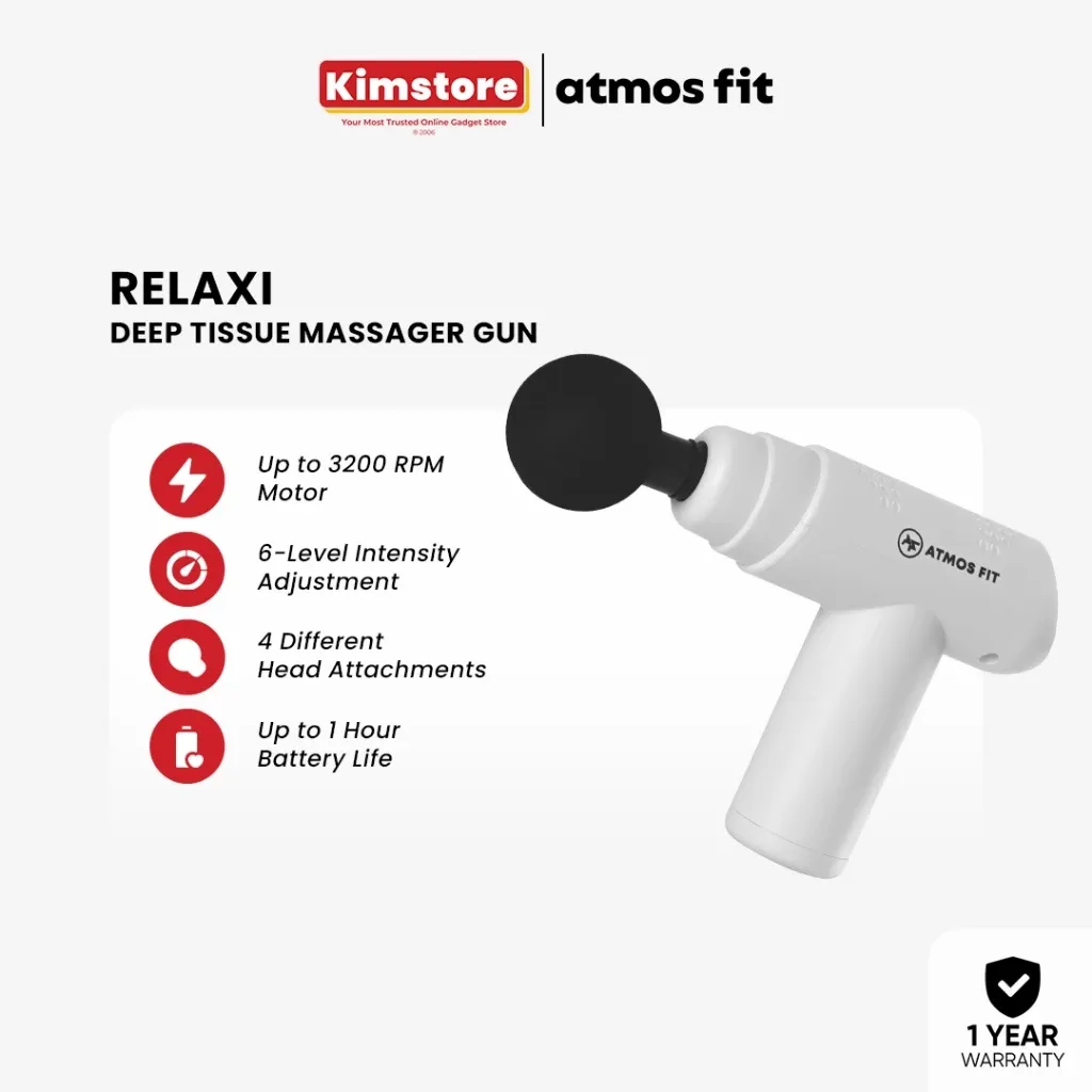 Atmos Fit Physiocare Relaxi deep tissue massage gun with four heads, 1 year warranty box