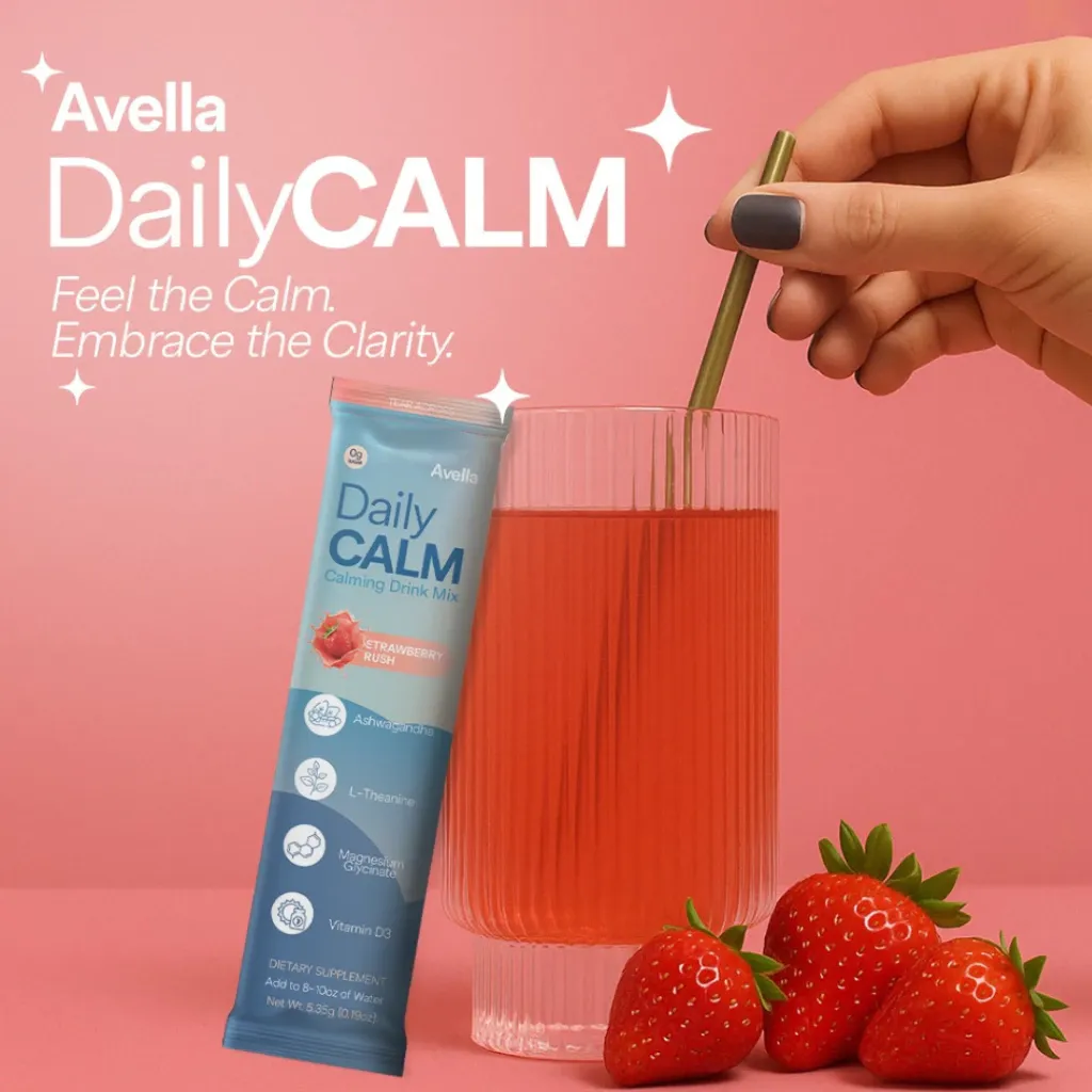 Avella Daily Calm calming drink mix box, 10 sachets, front view