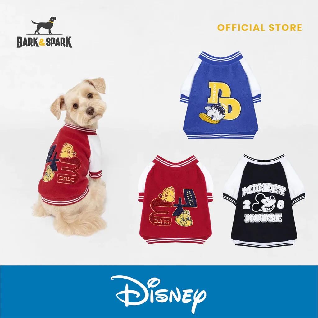 Bark & Spark Official Disney varsity dog jacket, a sporty cozy dog outfit