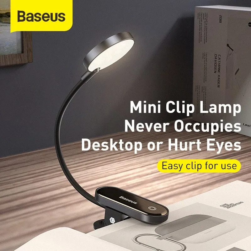 Baseus LED clip table lamp with a slim flexible arm clipped to a laptop screen, touch control
