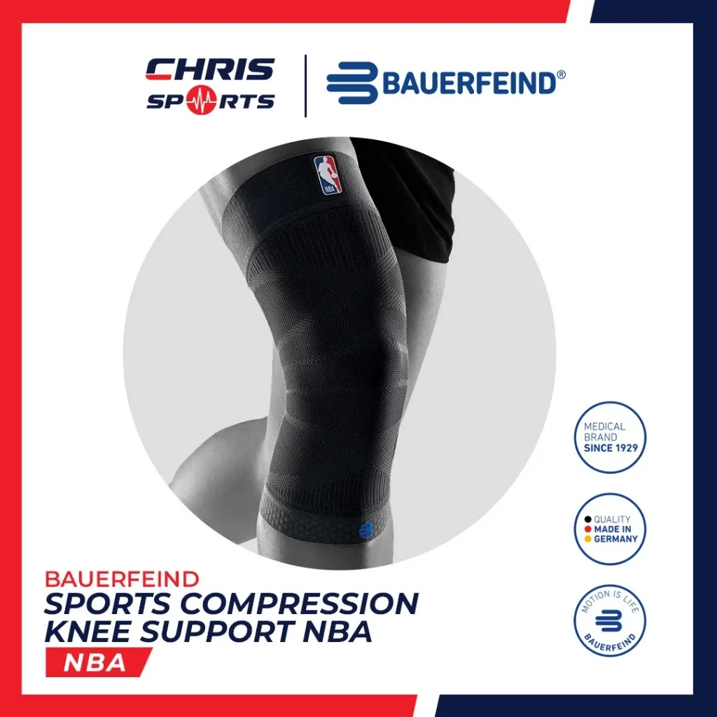 Bauerfeind Sports Compression Knee Support NBA team-colored knit knee sleeve, worn on leg