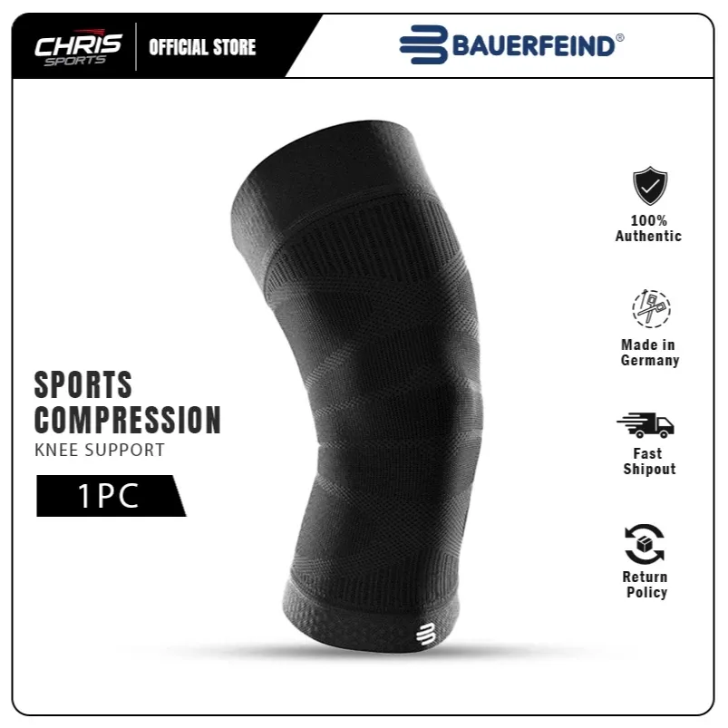 Bauerfeind Sports Compression Knee Support black knit knee sleeve, worn on leg, side view