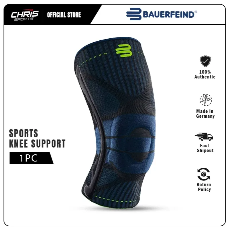 Bauerfeind Sports Knee Support knit knee brace with Omega Pad around the kneecap, worn on leg
