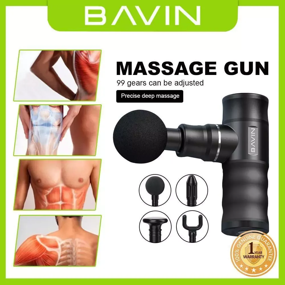 BAVIN MA01 mini fascial massage gun, black body with four massage heads laid out