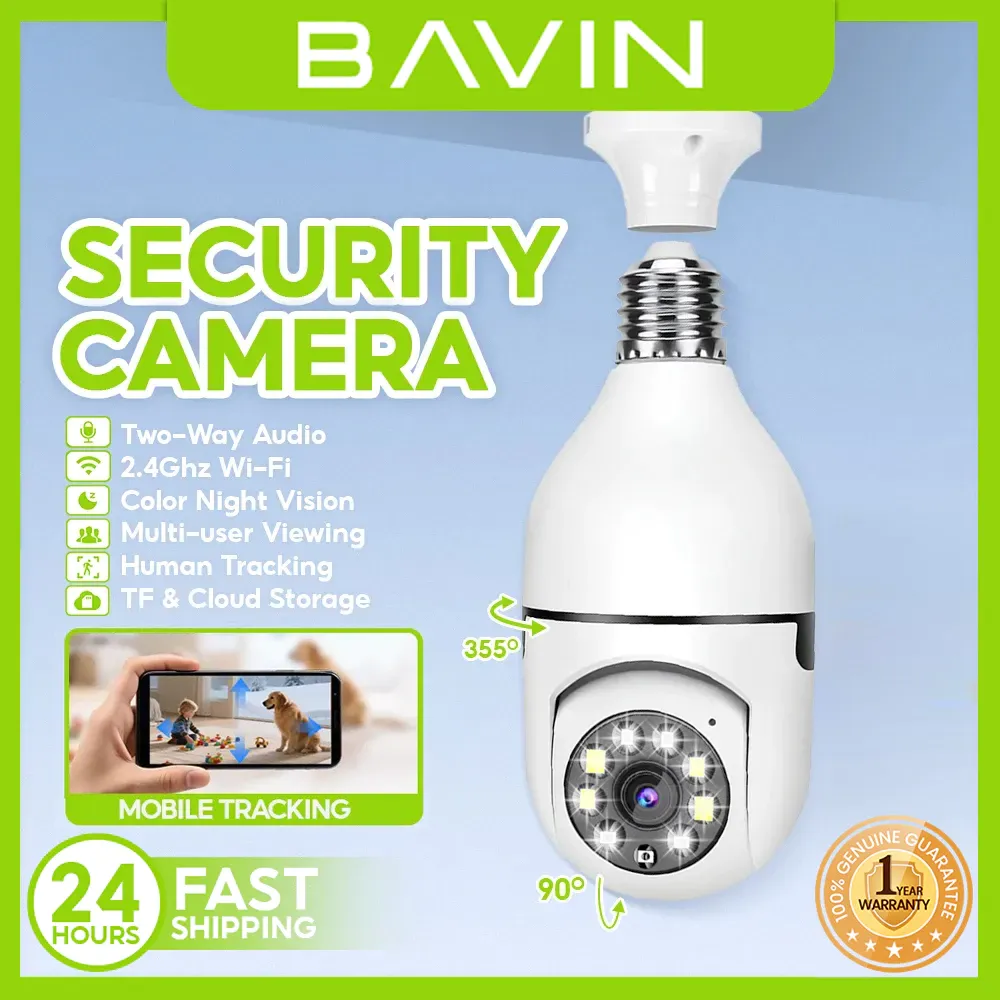 BAVIN SC801 bulb security camera screwed into a ceiling light socket, a white E27 body with a pan-and-tilt lens head ringed by LEDs