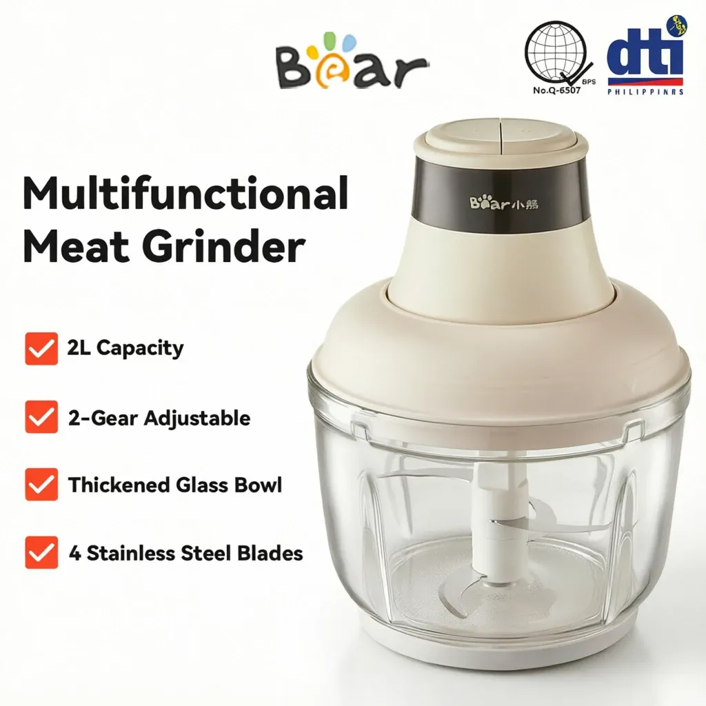 Bear heavy duty food processor and electric meat grinder with glass bowl, front view