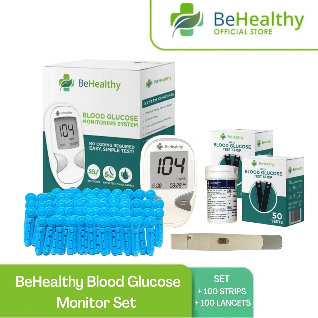 BeHealthy blood glucose test kit bundle with 110 test strips and lancets, box view