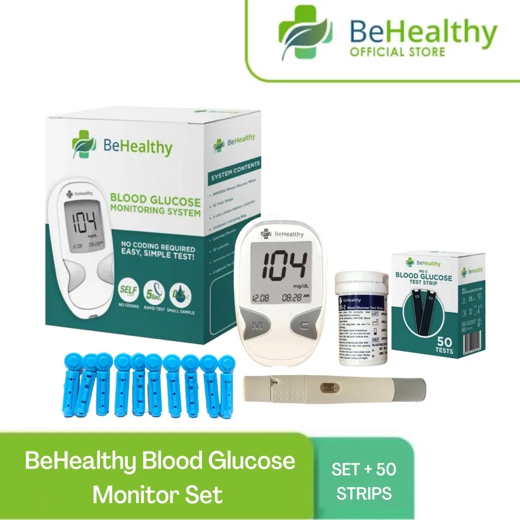 BeHealthy blood glucose test monitor kit bundle with 60 sugar test strips, box view