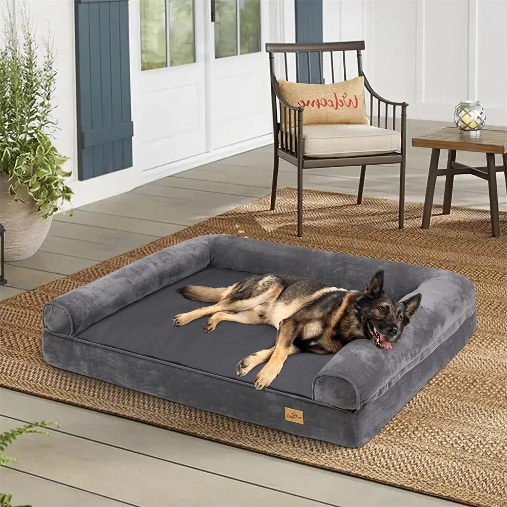 BingoPaw large orthopedic sofa-type dog bed in grey with padded bolster sides and removable cover