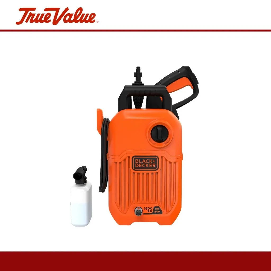 BLACK+DECKER BEPW1600-B1 pressure washer in orange and black with spray wand
