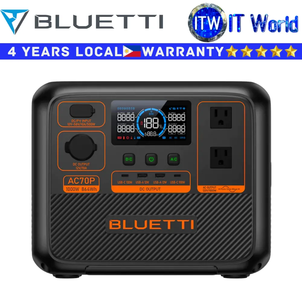 BLUETTI AC70P 864Wh portable power station with AC outlets and display, front view