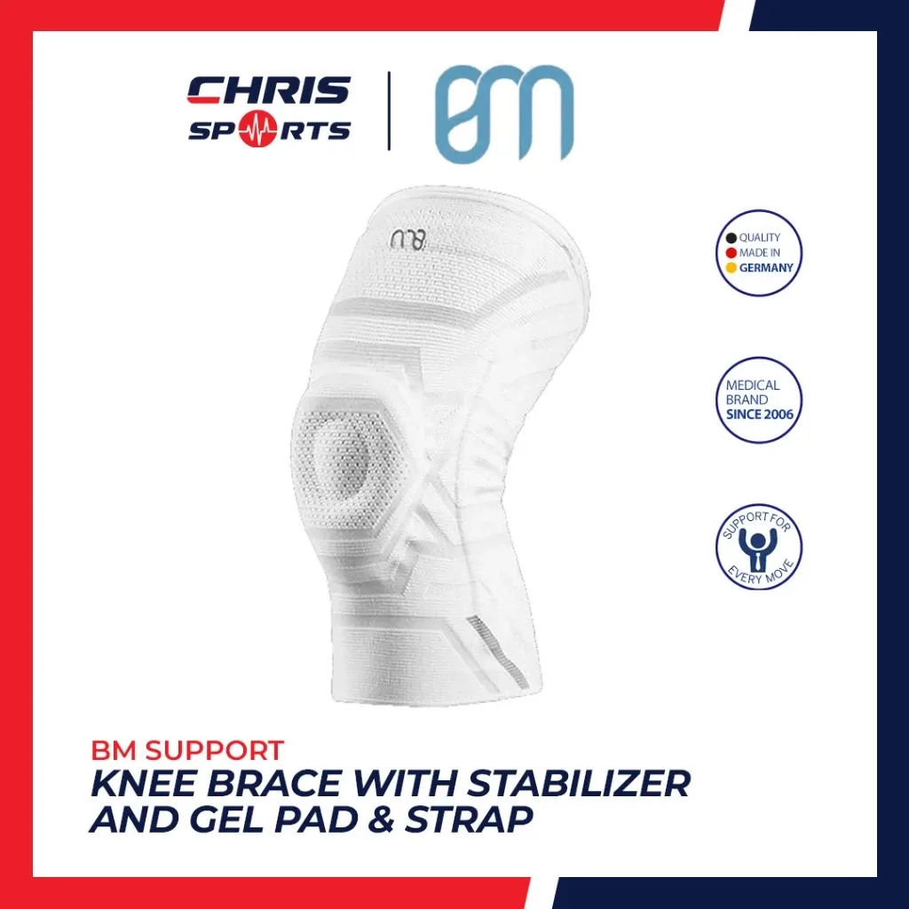 BM Support black knee brace with side stabilizers, patella gel pad and adjustable strap