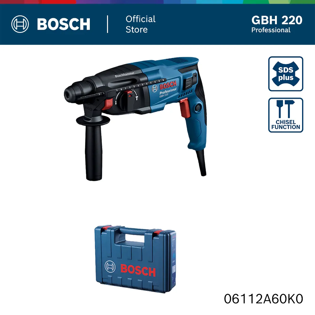 Bosch GBH 220 blue 720W SDS Plus rotary hammer with side handle, side view
