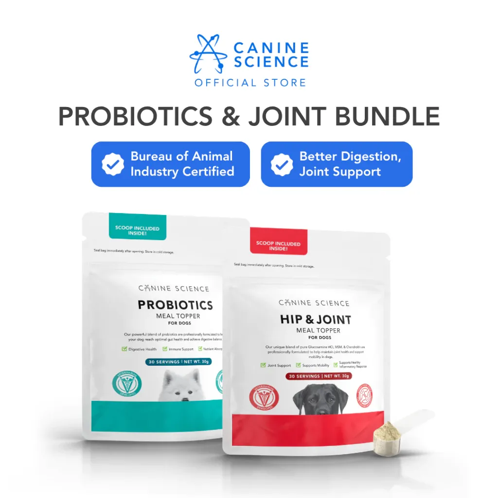 Canine Science Probiotics plus Hip and Joint dog supplement bundle, two pouches front view