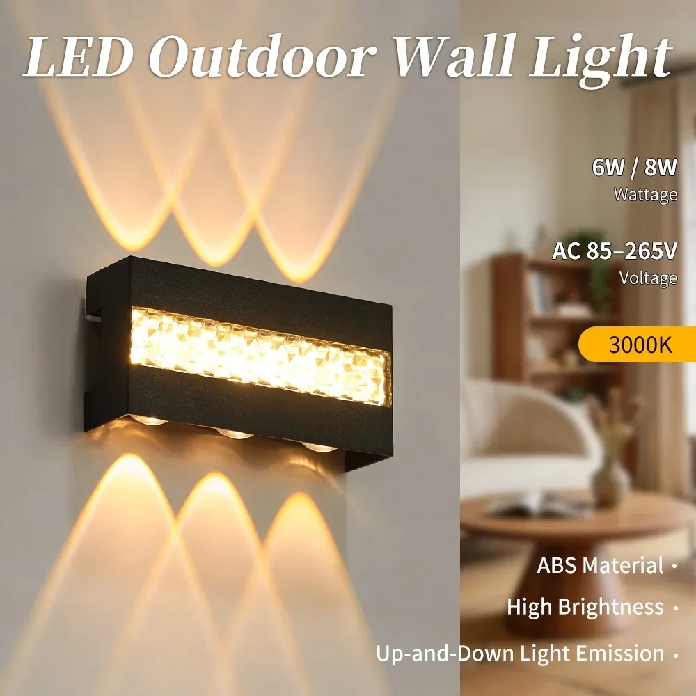CANMEIJIA black rectangular wall light with a faceted crystal-look strip, casting warm up-and-down beams beside a living room