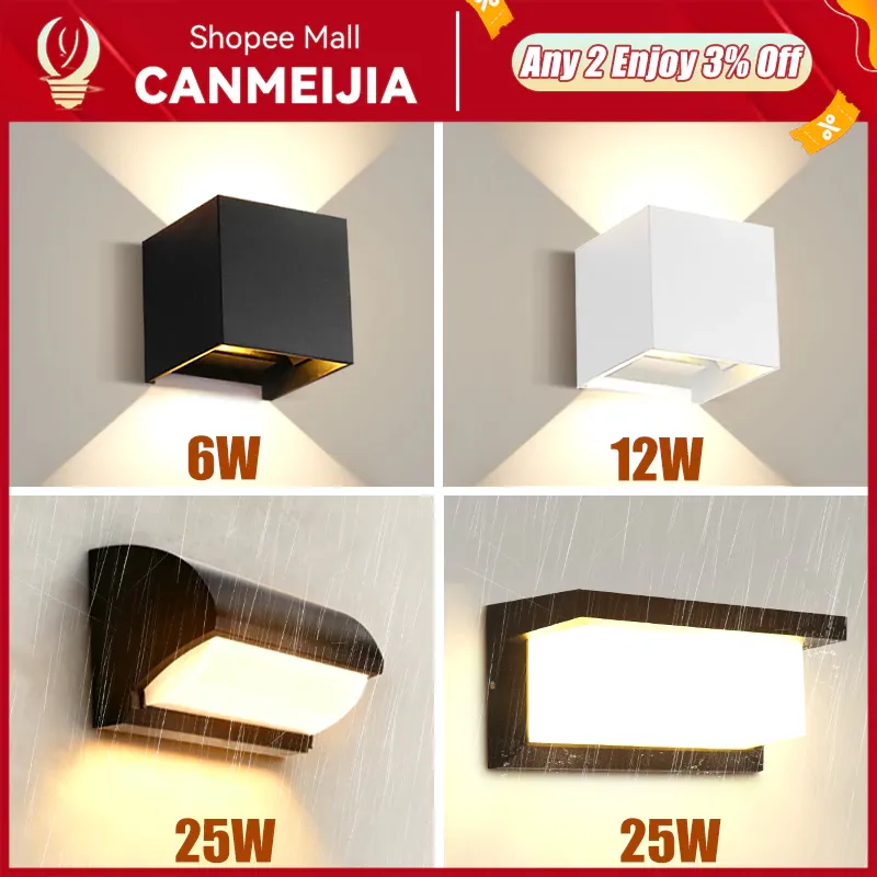 CANMEIJIA cube LED wall lights in black and white throwing X-shaped up-and-down beams, with wider 25W panel versions below