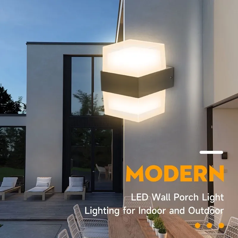 CANMEIJIA hexagonal facade wall light with frosted diffusers glowing above and below a grey bracket on a modern house exterior
