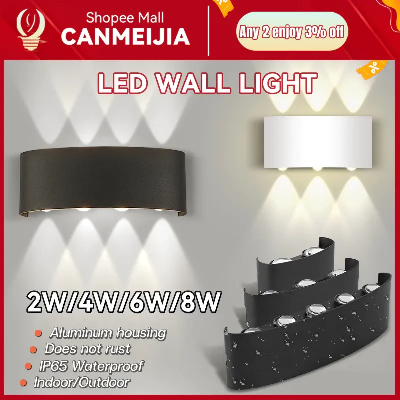 CANMEIJIA curved black aluminum LED wall lamp throwing up-and-down beams on a wall, with white and black finishes shown