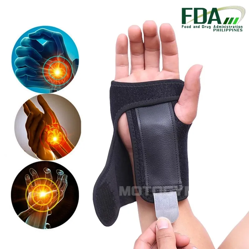 Wrist brace with steel splint for carpal tunnel and sprains, on wrist