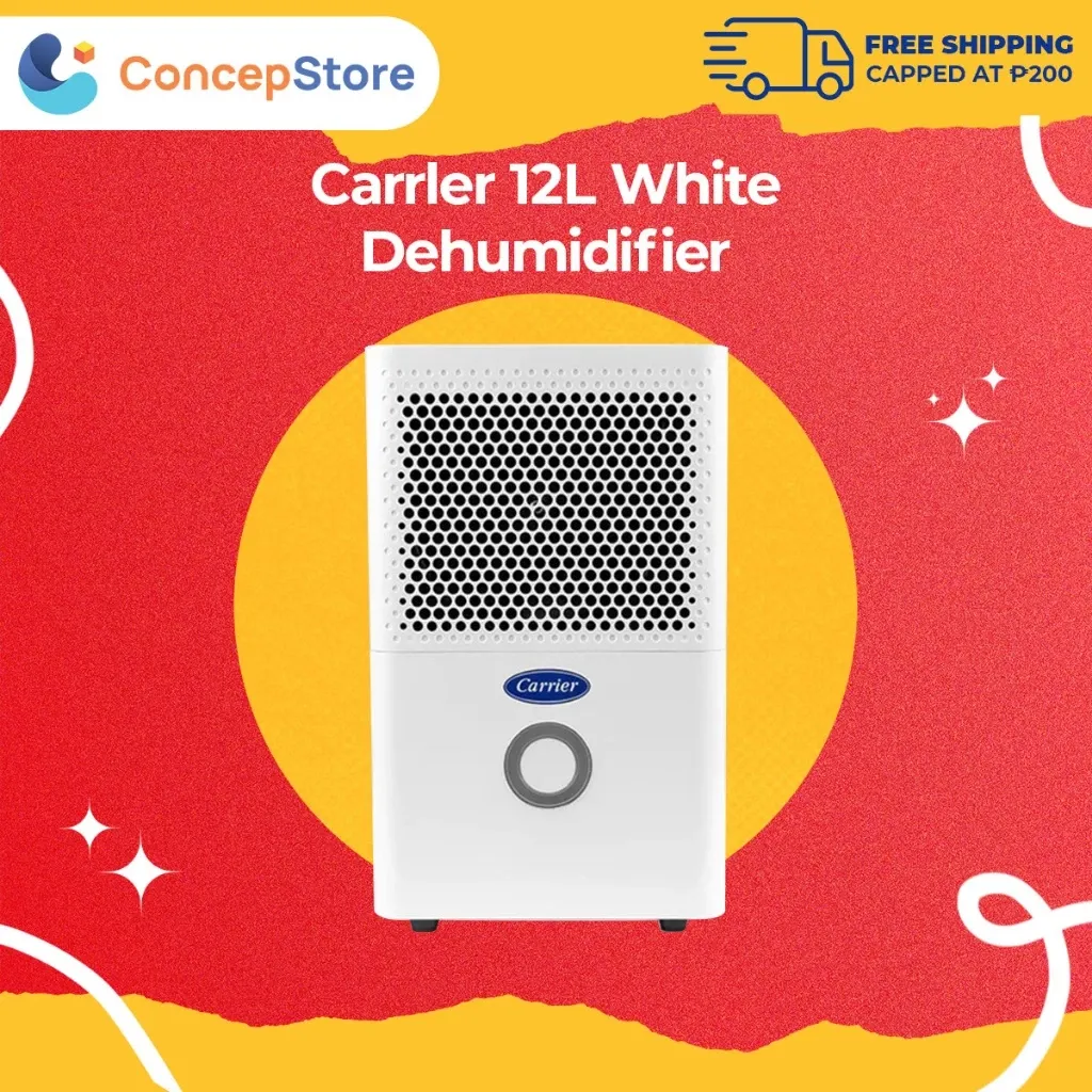 Carrier 12L white dehumidifier, compact upright unit with front grille and control dial