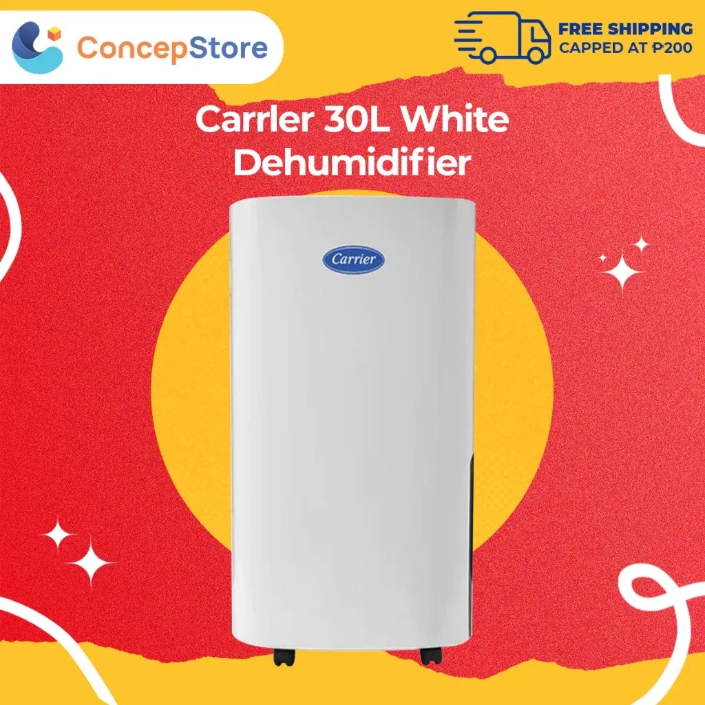 Carrier 30L white dehumidifier, tall upright unit on castors, front view