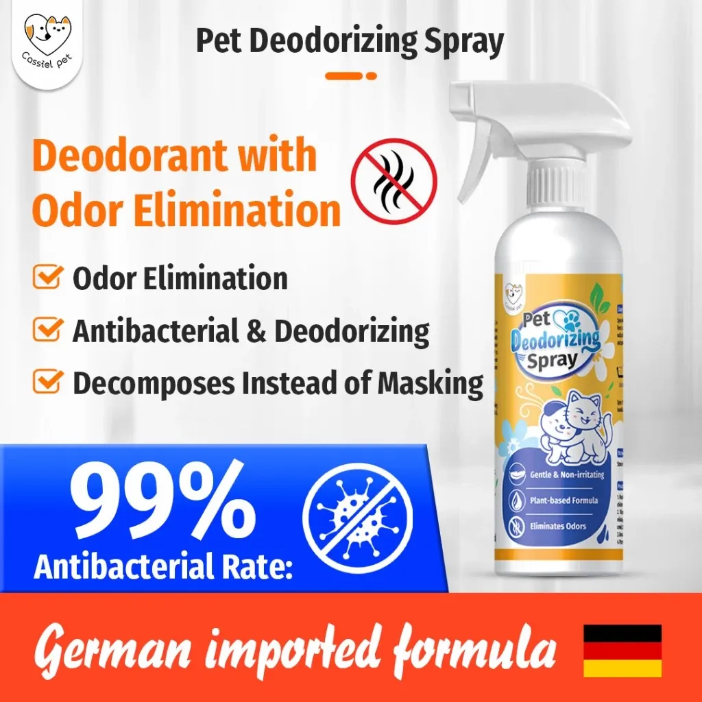 Cassiel Pet Deodorizing Spray, white trigger bottle with orange-and-blue bio-enzyme deodorizer label, front view