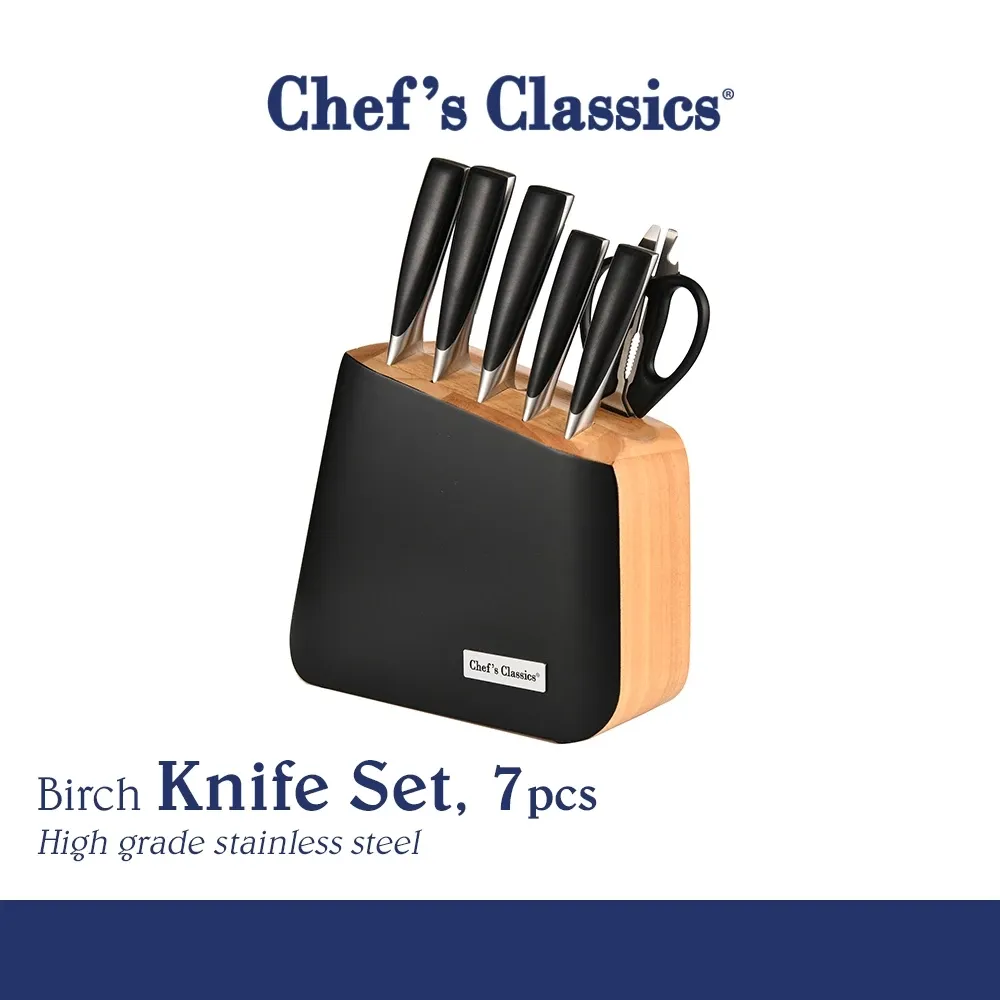 Chef's Classics Birch 7-piece stainless steel knife set in a light wood block